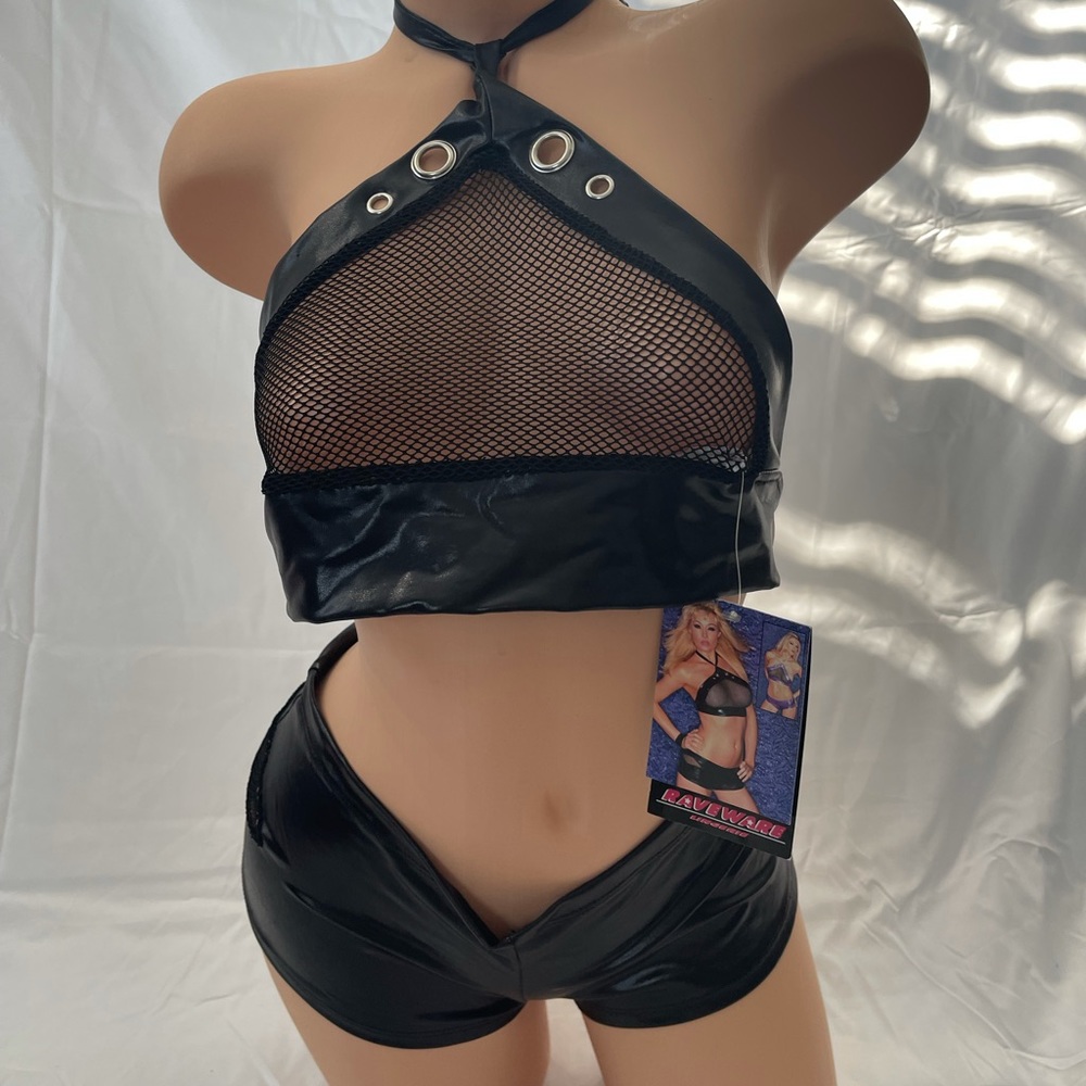 Raveware lingerie 2pc pleather/mesh halter top/boy shorts. NWT m/l